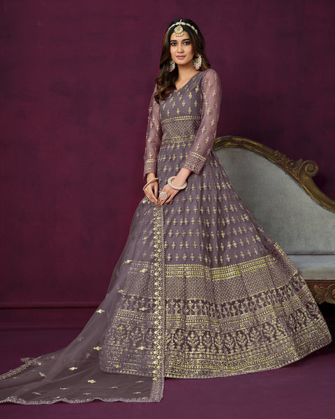 Light Purple Net Sequins & Thread Work Anarkali Suit With Net Embroidered Dupatta