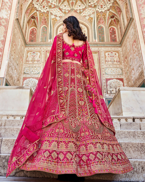 Pink Zarkan Work Velvet Fabric Bridal Lehenga Choli With Pink Net Embroidered Dupatta