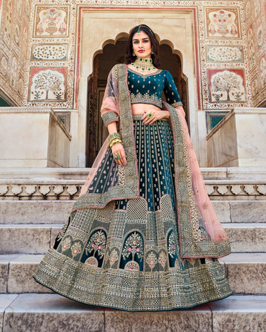 Blue Zarkan Work Velvet Fabric Bridal Lehenga Choli With Pink Net Embroidered Dupatta