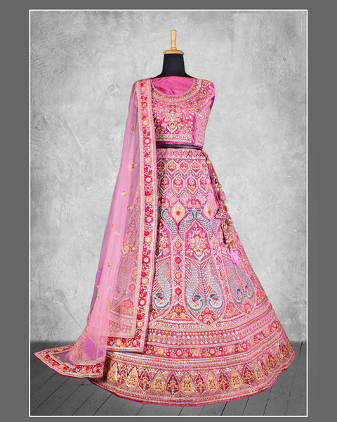 Pink Sequins Work Velvet Fabric Bridal Lehenga Choli With Pink Net Embroidered Dupatta