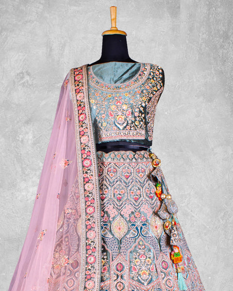 Blue Sequins Work Velvet Fabric Bridal Lehenga Choli With Pink Net Embroidered Dupatta