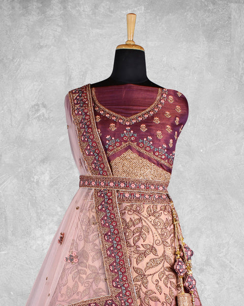 Maroon Sequins Work Velvet Fabric Bridal Lehenga Choli With Peach Net Embroidered Dupatta