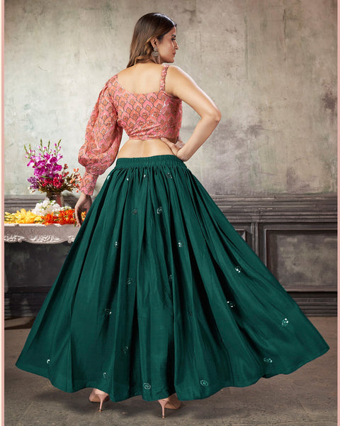 Green Art Silk Skirt With Pink Printed Crop Top