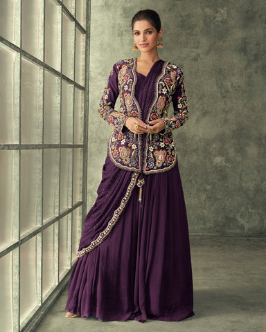 Georgette Embroidered Purple Floor Length Anarkali Gown With Jacket