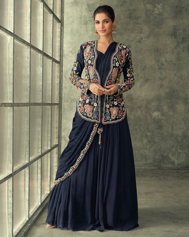 Georgette Embroidered Blue Floor Length Anarkali Gown With Jacket