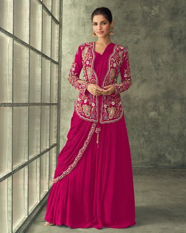 Georgette Embroidered Pink Floor Length Anarkali Gown With Jacket