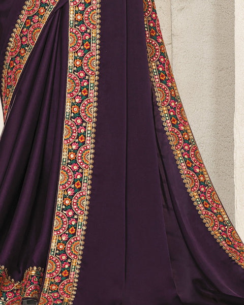 Purple Satin Silk Resham & Zari Work Saree With Raw Silk Blouse