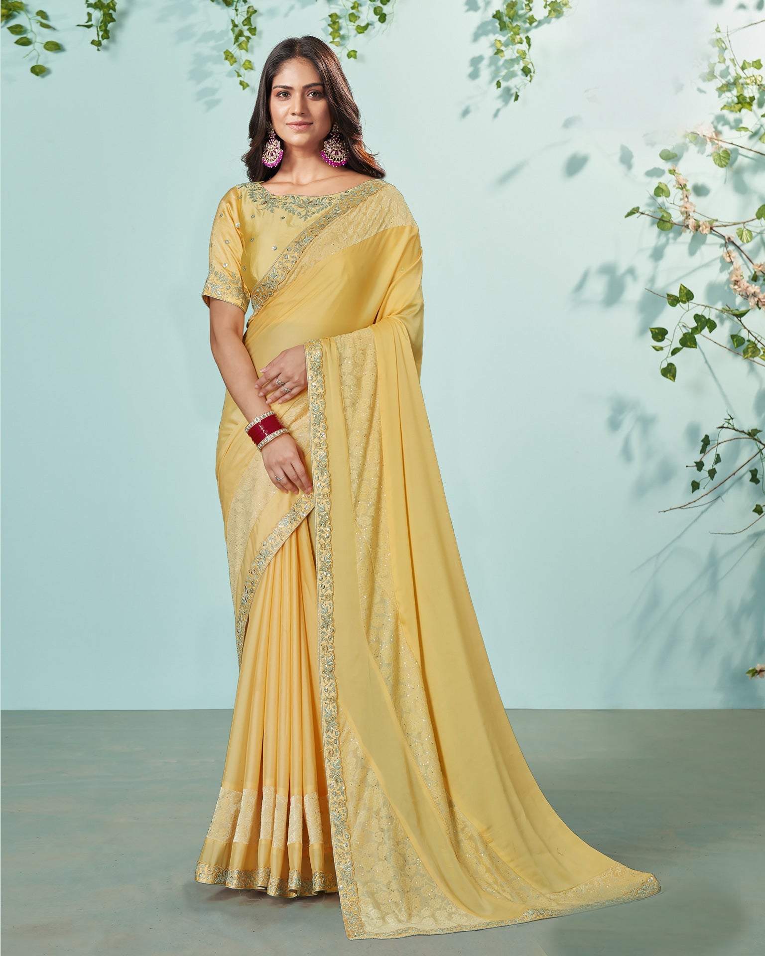 Yellow Silk Georgette Sequins Work Saree With Embroidered Blouse