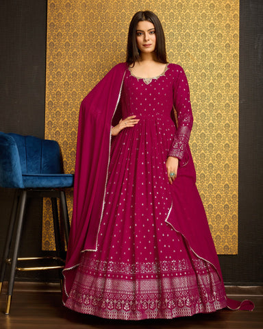 Rani Pink Faux Georgette Metalic Foil Work Floor Length Gown With Dupatta