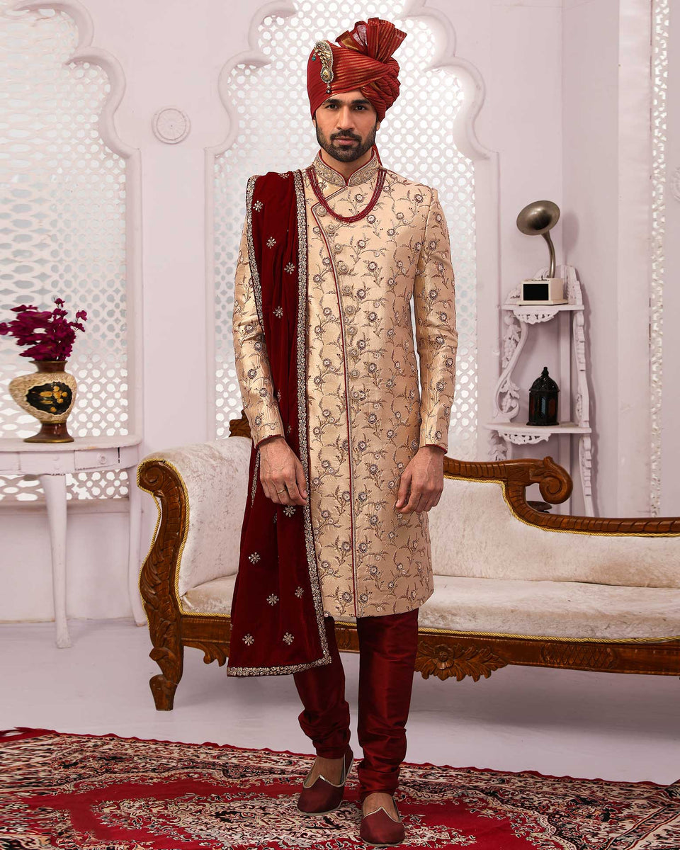 Beige Maroon Groom Sherwani In Jacquard Silk Brocade Fabric