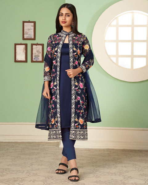 Blue Georgette Floral Embroidered Churidar Suit With Jacket