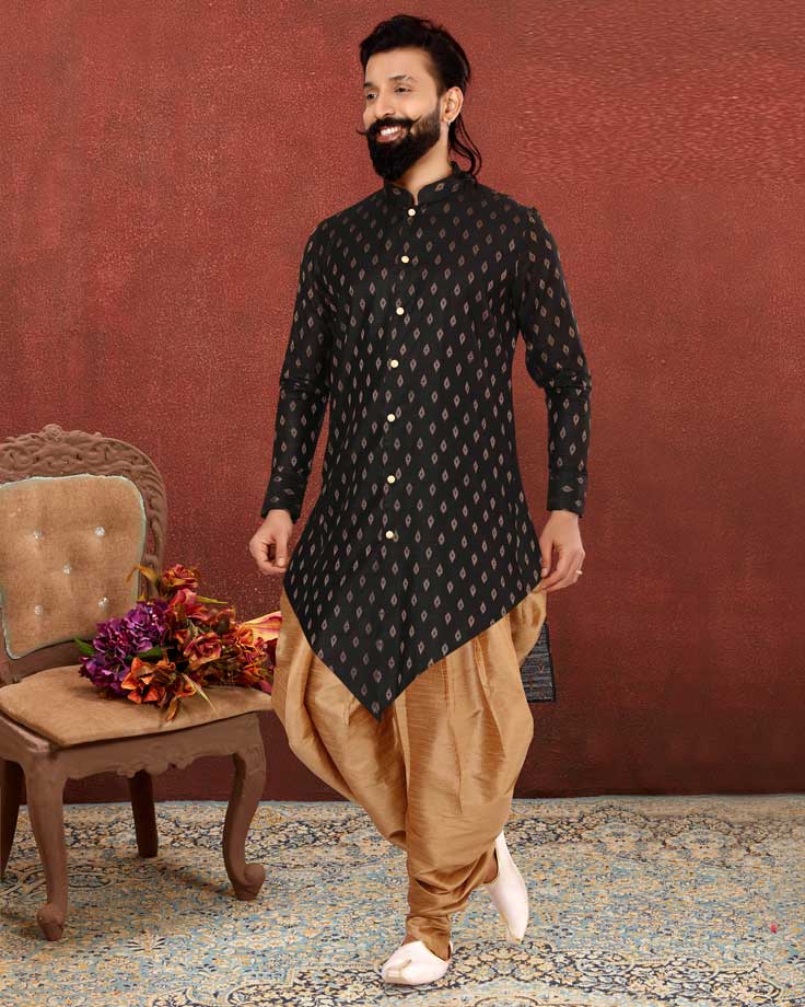 Cotton Silk Black Golden Man Kurta With Dhoti Salwar – Mehak Boutique
