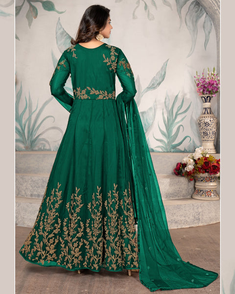 Green Wedding Wear Anarkali Frock Suit With Net Dupatta