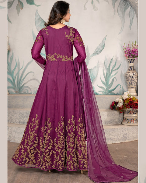 Wine Wedding Wear Anarkali Frock Suit With Net Dupatta
