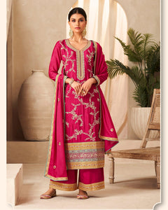 Pink Thread Work  Chinnon Bridal Palazzo Suit With Embroidered Dupatta