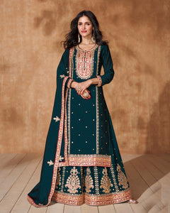 Blue Thread Work Silk Palazzo Suit With Embroidered Dupatta