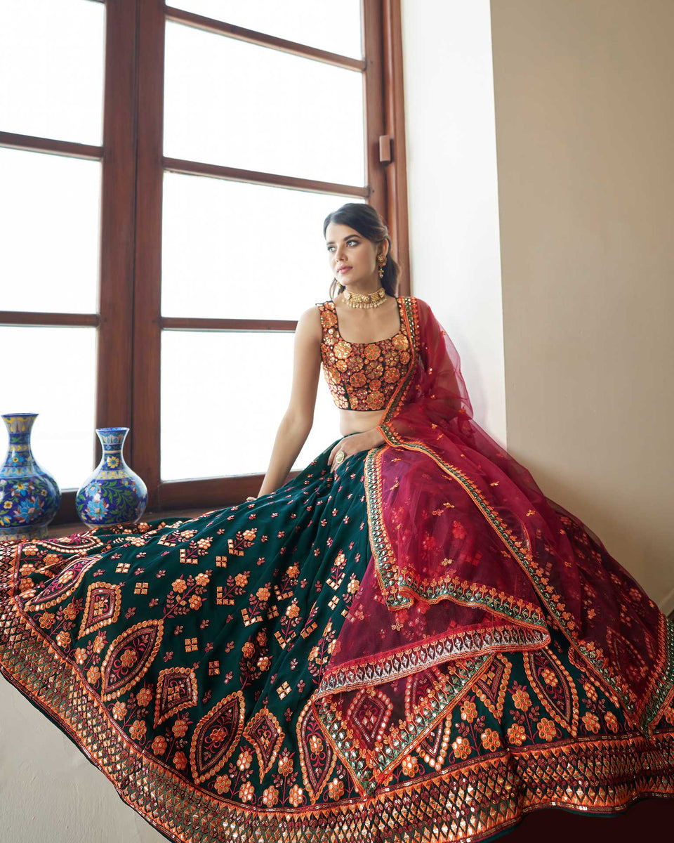 Green red cheap bridal lehenga