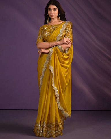 Mustard Crepe Satin Silk Embroidered Readymade Saree With Stitched Blouse & Belt