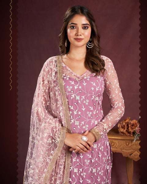 Pink Net Thread Work Plus Size Straight Pant Suit With Embroidered Dupatta