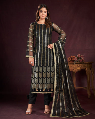Black Net Sequins Work Plus Size Straight Pant Suit With Embroidered Dupatta