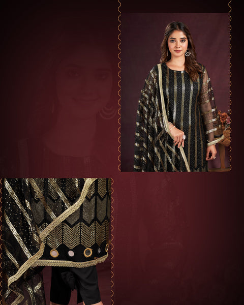 Black Net Sequins Work Plus Size Straight Pant Suit With Embroidered Dupatta