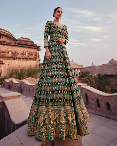 Green Pure Georgette Zari & Sequins Embroidered Anarkali Gown With Dupatta