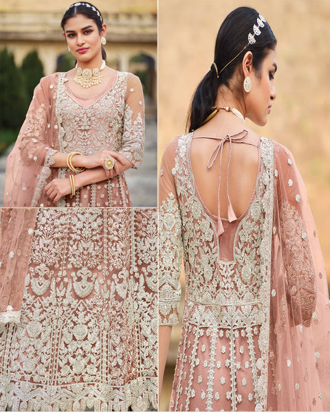Pink Stone Work Wedding Wear Anarkali Frock Suit With Net Dupatta