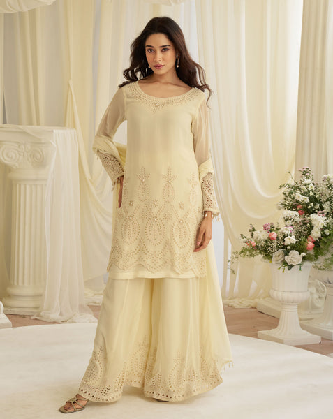 Cream Georgette Beads Work Women Readymade Palazzo Suit
