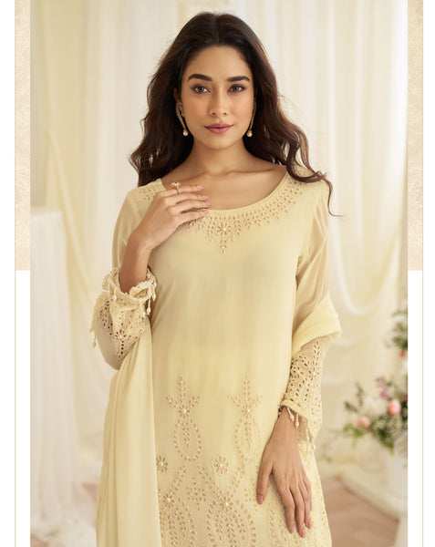 Cream Georgette Beads Work Women Readymade Palazzo Suit