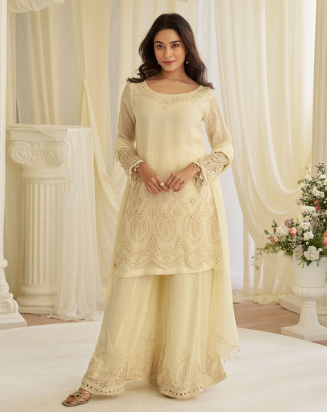 Cream Georgette Beads Work Women Readymade Palazzo Suit