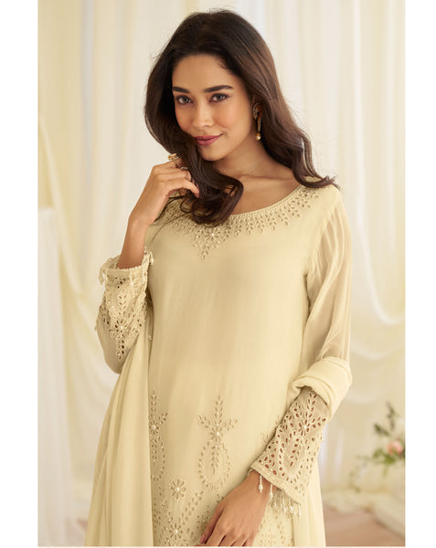 Cream Georgette Beads Work Women Readymade Palazzo Suit