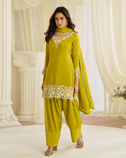 Green Crepe Silk Beads Work Women Readymade Partywear Farsi Salwar Suit