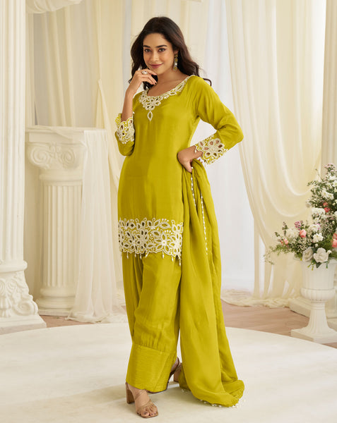 Green Crepe Silk Beads Work Women Readymade Partywear Farsi Salwar Suit
