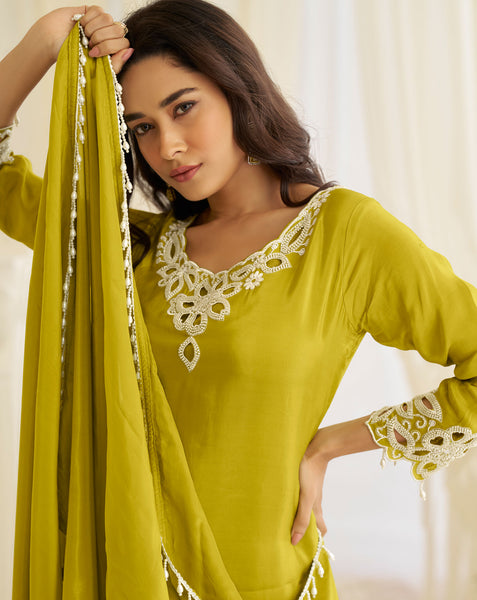 Green Crepe Silk Beads Work Women Readymade Partywear Farsi Salwar Suit