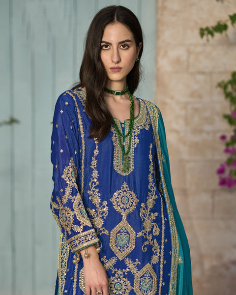 Blue Chinnon Silk Readymade Wedding Wear Afgani Salwar Suit With Embroidered Dupatta