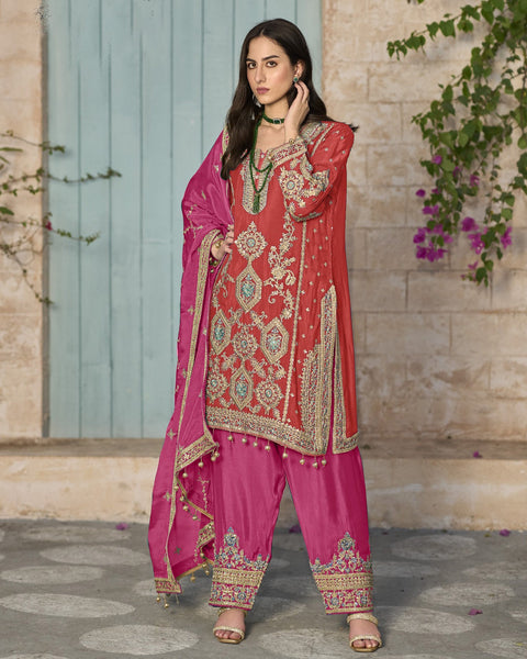 Red & Pink Chinnon Silk Readymade Wedding Wear Afgani Salwar Suit With Embroidered Dupatta