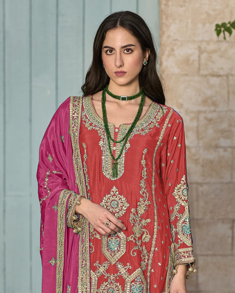 Red & Pink Chinnon Silk Readymade Wedding Wear Afgani Salwar Suit With Embroidered Dupatta
