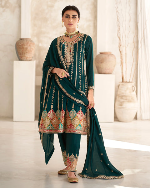 Rama Silk Sequins & Zari Work Frock Suit With Embroidered Afgani Salwar