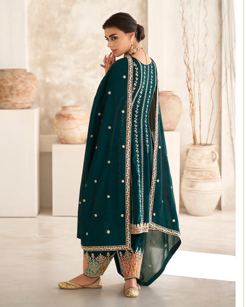 Rama Silk Sequins & Zari Work Frock Suit With Embroidered Afgani Salwar