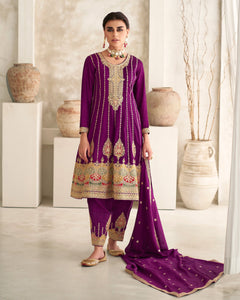 Purple Silk Sequins & Zari Work Frock Suit With Embroidered Afgani Salwar