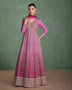 Pink Zari & Diamond Work Chinnon Women Readymade Anarkali Gown With Embroidered Dupatta