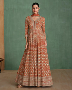 Rust Zari & Sequins Work Pure Georgette Women Readymade Anarkali Gown With Embroidered Dupatta