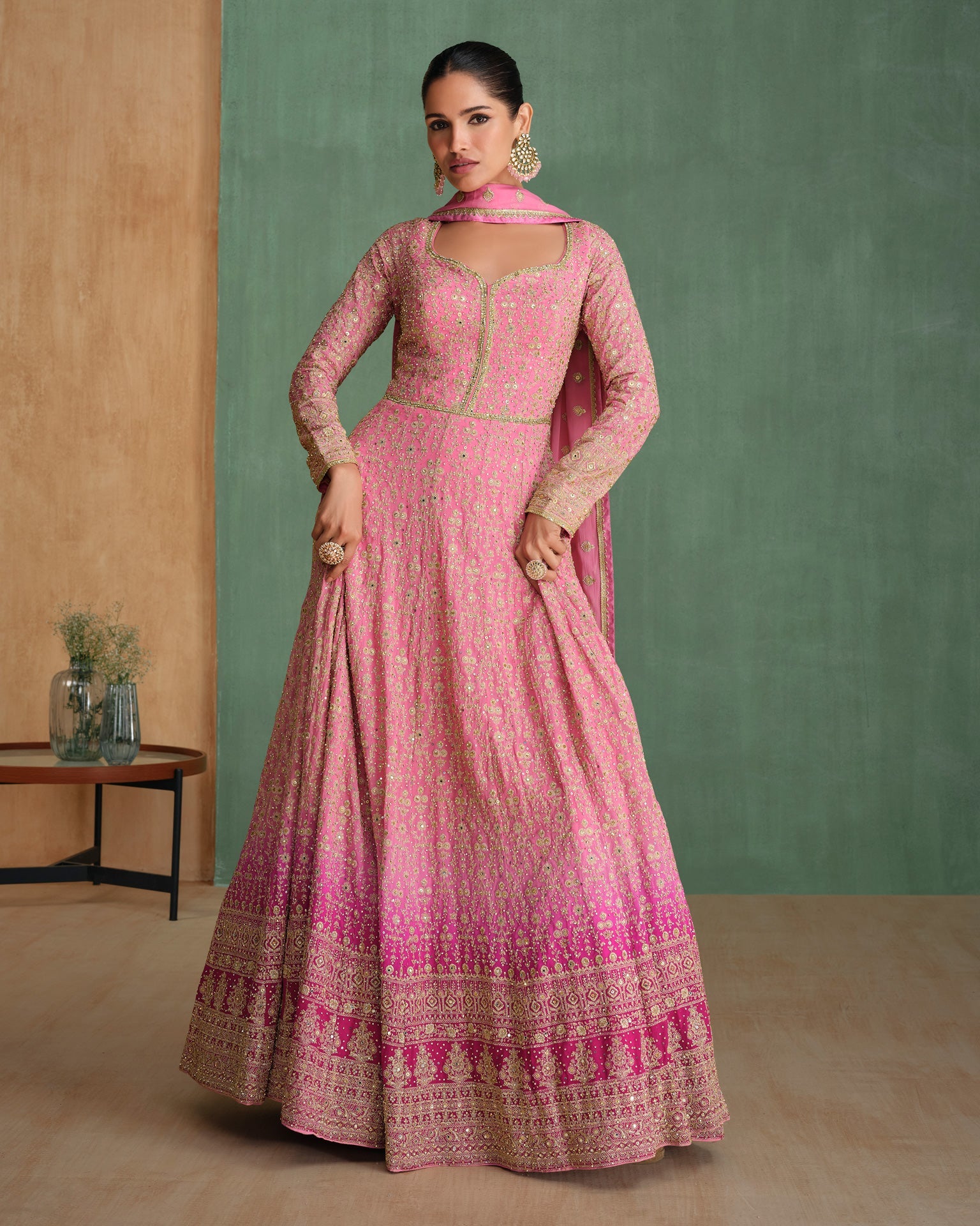 Shaded Pink Zari & Sequins Work Pure Georgette Women Readymade Anarkali Gown With Embroidered Dupatta