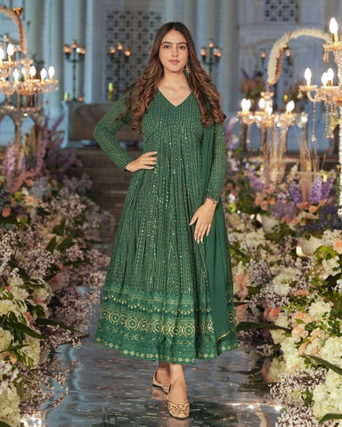 Green Faux Georgette Thread & Sequins Work Anarkali Kurta With Dupatta