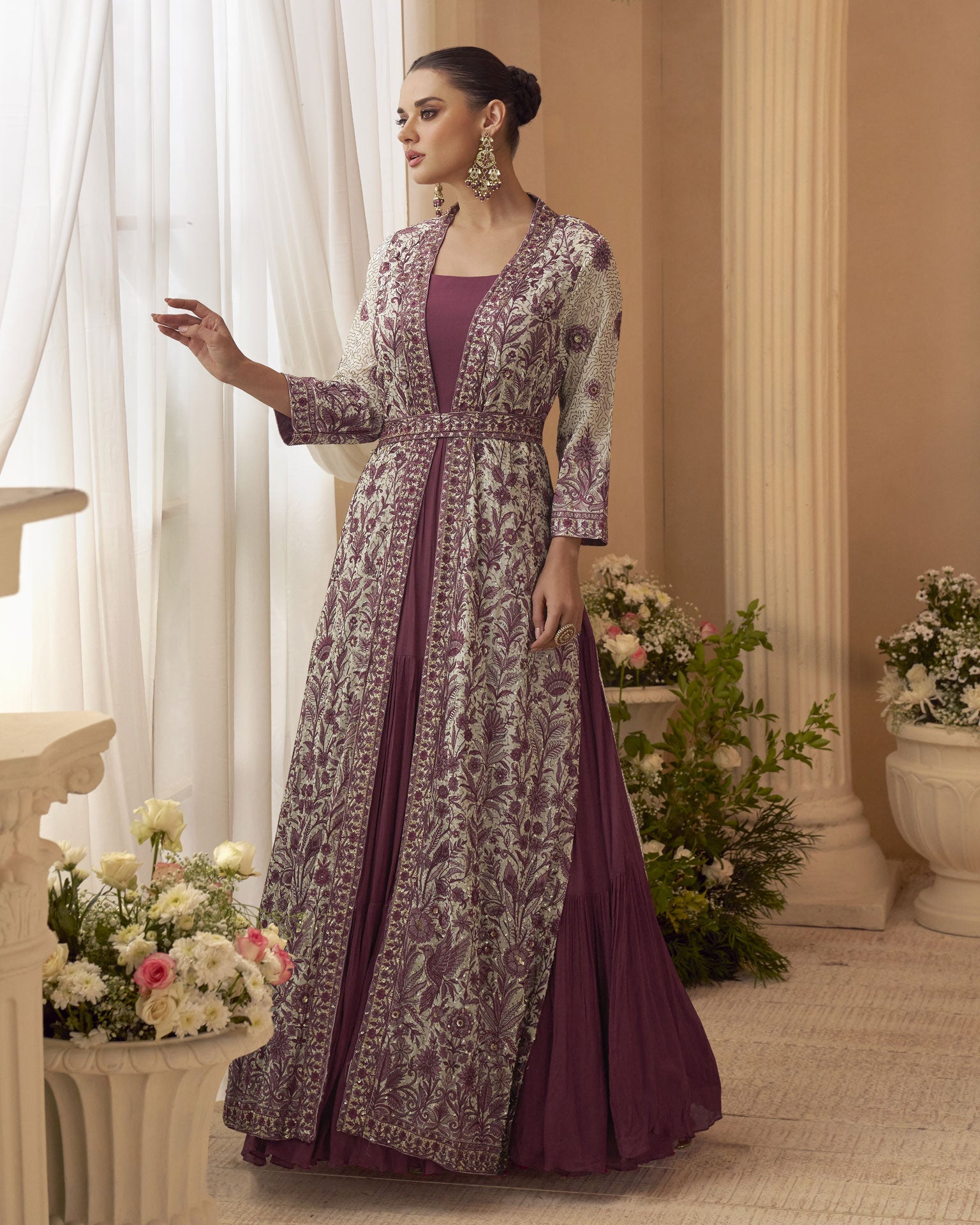 Wine Chinnon Women Silk Readymade Anarkali Gown With Embroidered Jacket