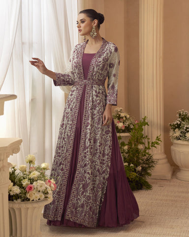 Wine Chinnon Women Silk Readymade Anarkali Gown With Embroidered Jacket