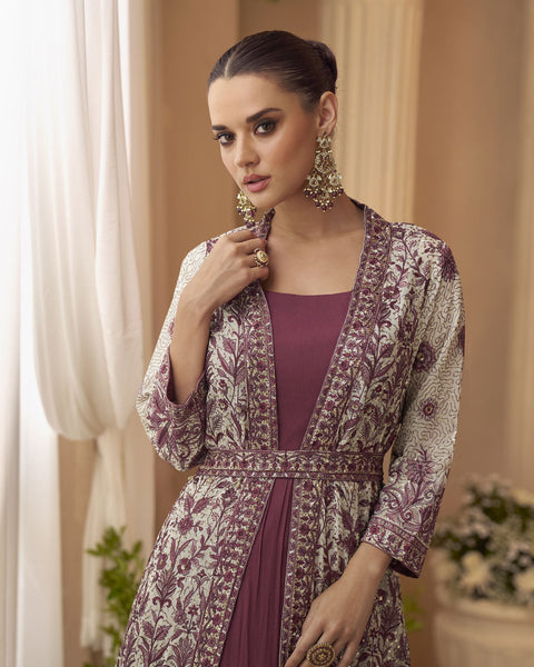 Wine Chinnon Women Silk Readymade Anarkali Gown With Embroidered Jacket