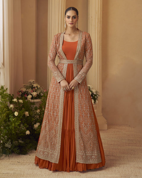 Orange Chinnon Women Silk Readymade Anarkali Gown With Embroidered Jacket