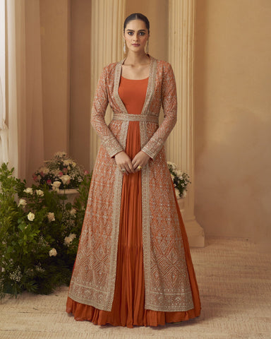 Orange Chinnon Women Silk Readymade Anarkali Gown With Embroidered Jacket