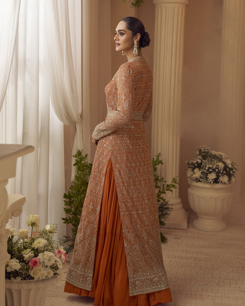 Orange Chinnon Women Silk Readymade Anarkali Gown With Embroidered Jacket